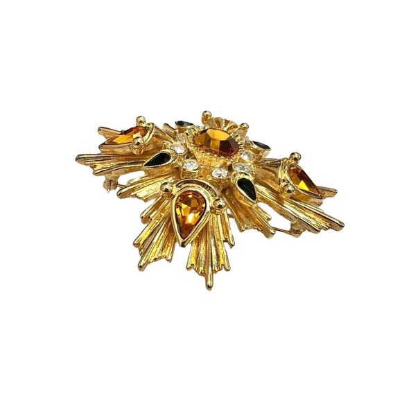 JOAN RIVERS STARBURST AMBER, GOLD & BLACK BROOCH - Picture 5 of 14